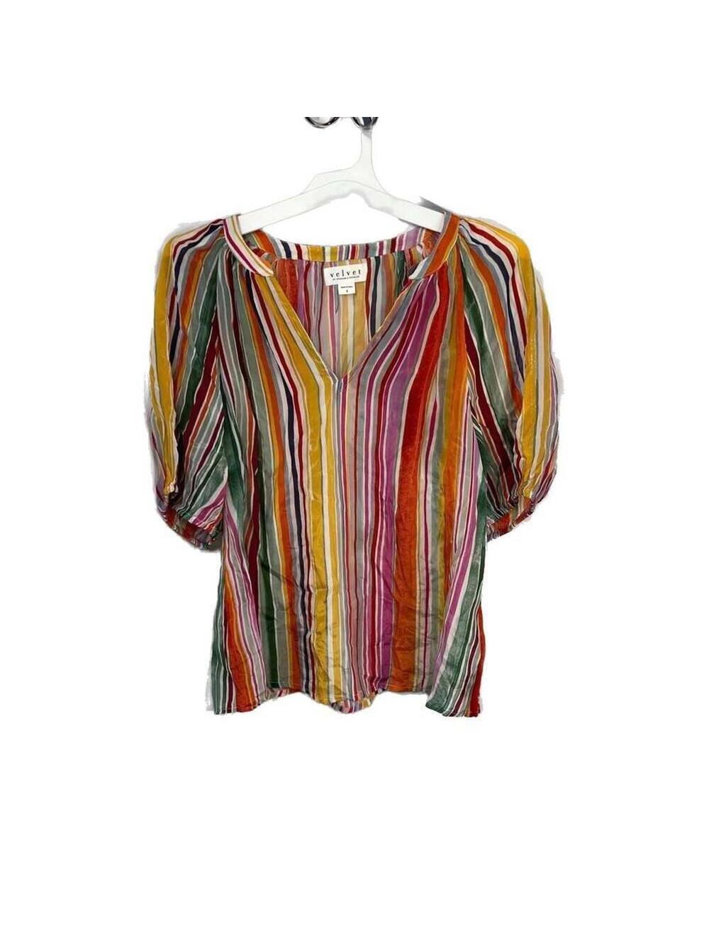Velvet by Graham & Spencer Size Small Multicolor Striped Puff Sleeve V-Neck Blou